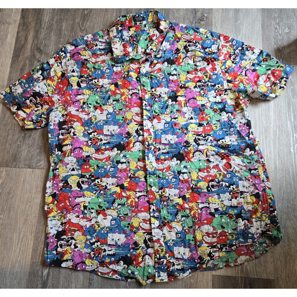 COOFANDY Cartoon Print Button‎ Down Short Sleeve Shirt, XL